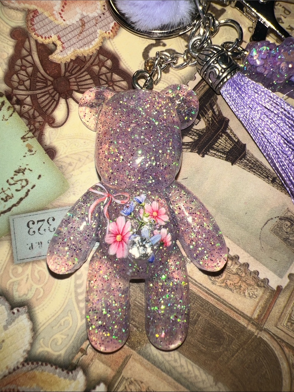 Purple Glitter Bear Keychain, backpack or purse charm.